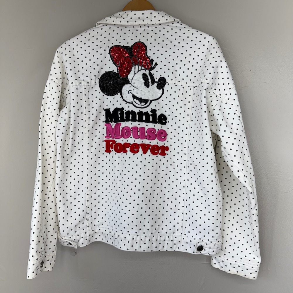 Disney Minnie Mouse Forever Polka Dot Denim Jacket White Sequin Large Graphic M